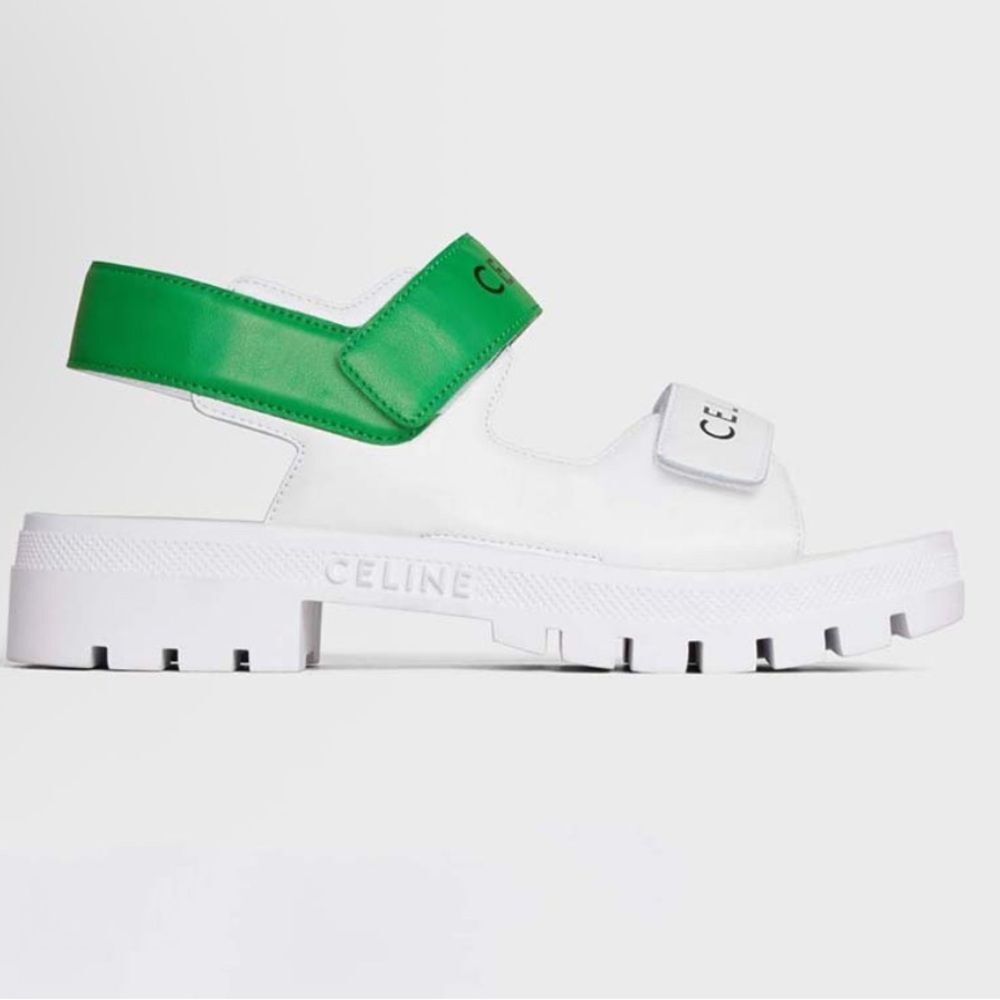 NEW Celine Leo Scratch Calfskin Double Strap Sandals in white and green $850